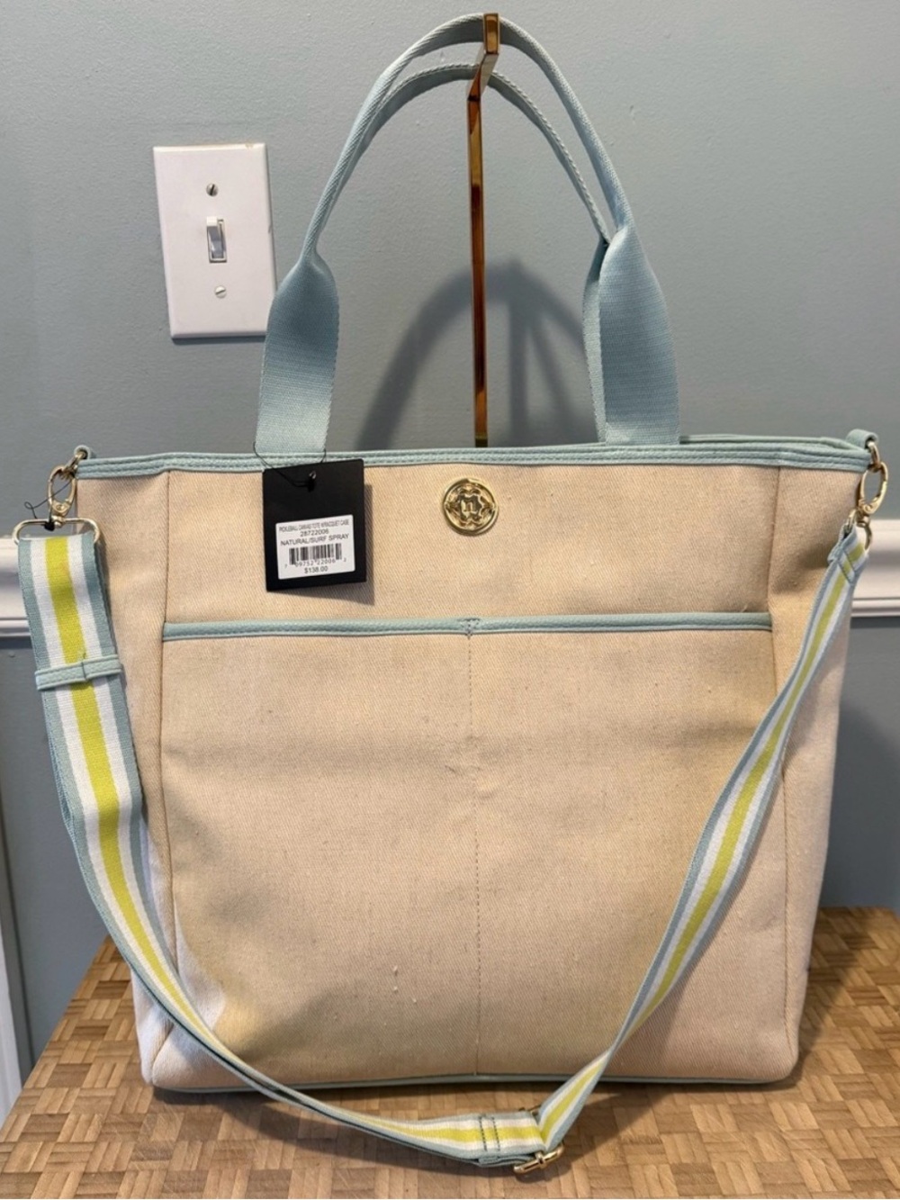 Nanette Lepore Canvas Tote Bag natural canvas body, light blue guitar strap Nwt